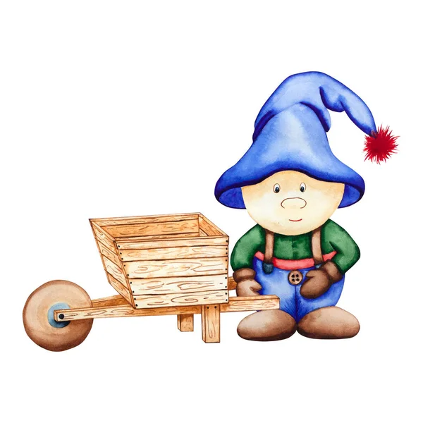 Stock image watercolor gnome. Hand drawn watercolor drawing of a gnome boy in a blue suit and hat with a garden cart. For your design on a white background.