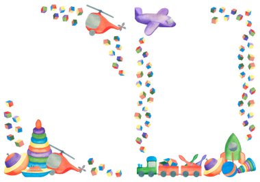 Kartpostal Çocuk oyuncakları. Piramit, top, dönen top ve suluboya boyayla boyanmış ulaşım. Tatiliniz için beyaz bir arkaplanda kartpostal.