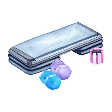 Aerobik basamakların ve dambılların suluboya çizimi. Çizim elle yapılır. Şeffaf bir arkaplanda spor aletleri. Çıkartmalar, yapıştırma defterleri, posterler, baskılar için nesnelerin resmi.