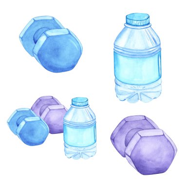 Su şişesi ve ağırlıkların suluboya çizimi. Çizim elle yapılır. Şeffaf bir arkaplanda elementler. Çıkartmalar, yapıştırma defterleri, posterler, baskılar için nesnelerin resmi.