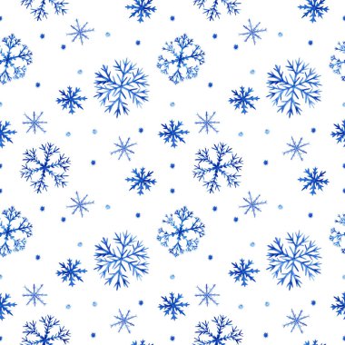 Kusursuz kar tanesi deseni. Resimler suluboya tekniğinde yapılır. Tasarımınız için şeffaf bir arkaplanda yumuşak mavi kar taneleri.