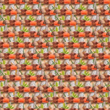 Porcini mantarından, huş ağacından, kavak mantarından ve ladin dalından düşmüş yapraklardan oluşan dikişsiz suluboya desenler. Fotoğraf duvar kâğıdı, çıkartma, hatıra defteri çizimi.