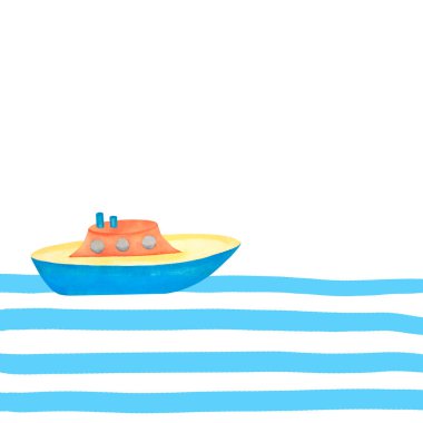 Sudaki bir geminin suluboya çizimi. Mavi dalgalar. Oyuncak dalgaların üzerinde yüzüyor. Arkaplan tasarımı, tekstil, kartpostallar için. 