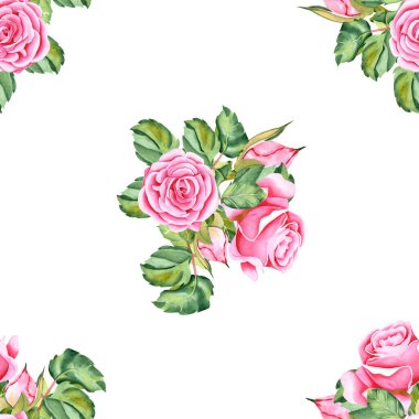 Suluboya güller. Gül çiçeklerinin, sapların, yaprakların ve tomurcukların kusursuz deseni. Çizim, izole bir arkaplanda elle suluboya tekniğiyle yapılır. Tasarımın için illüstrasyon.