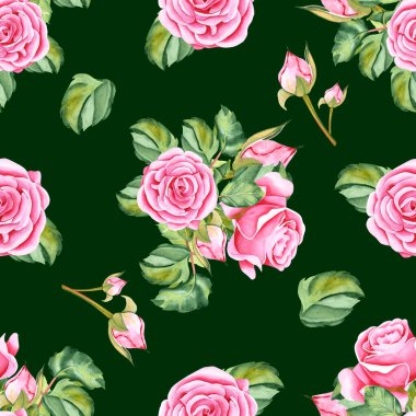 Suluboya güller. Gül çiçeklerinin, sapların, yaprakların ve tomurcukların kusursuz deseni. Çizim suluboya tekniğiyle renkli bir arkaplanda elle yapılır. Tasarımın için illüstrasyon.