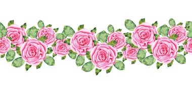 Suluboya güller. Gül çiçeklerinin, sapların, yaprakların ve tomurcukların kusursuz sınırı. Çizim, izole bir arkaplanda elle suluboya tekniğiyle yapılır. Tasarımın için illüstrasyon.