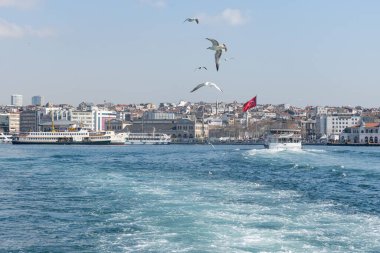 İSTANBUL, TURKEY - 24 Mart 2023: Türk bayrağıyla İstanbul kıyılarının bahar manzarası