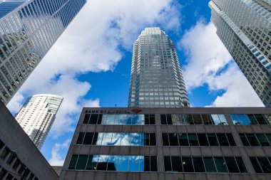 TORONTO, CANADA - Haziran 09, 2024: Modern gökdelen yüksekliğindeki mimari binalar şehir merkezinde gökyüzü