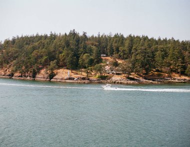 GEORJİK, BC, CANADA - 14 Ağustos 2024: motorlu tekne parlak bir gökyüzünün altındaki berrak sularda huzur içinde yüzüyor