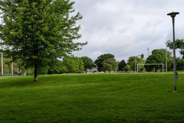 TORONTO, CANADA - 10 Haziran 2024: Toronto Ontario 'daki yeşil şehir parkında yürüyüş - dinlenmek için ağaçlı yeşil çayır
