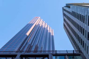 TORONTO, CANADA - Haziran 09, 2024: Modern gökdelen yüksekliğindeki mimari binalar şehir merkezinde gökyüzü