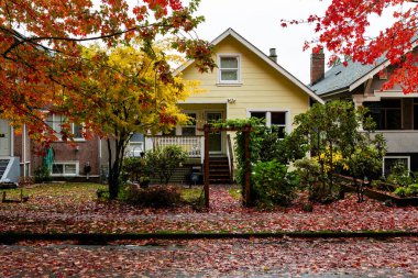 VANCOUVER, BC, CANADA - 10 Ekim 2024: Sürdürülebilir şehir evi ve ağaçlarında güz ağaçları olan şehir caddesi
