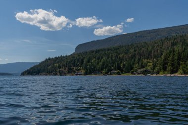 SALMON ARM, CANADA - 13 Temmuz 2024: Herald İl Parkı yakınlarındaki güneşli bir yaz gününde Güzel Shuswap Gölü