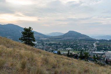 SUMERLAND, CANADA - 17 Temmuz 2024: British Columbia 'nın batısındaki Okanagan Gölü' nün batı yakasındaki Summerland ilçe belediyesinin havadan görünüşü