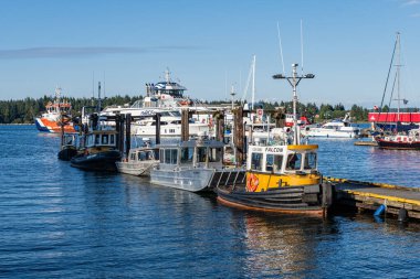 NANAIMO, CANADA - 02 Temmuz 2024: Nanaimo Limanı Havalimanı İskelesi, güneşli yaz günlerinde tekne ve feribot ve turistler