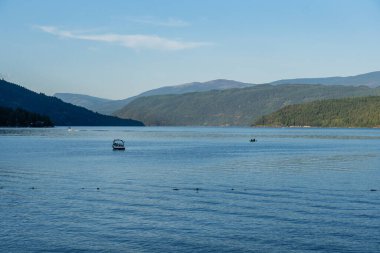 SALMON ARM, CANADA - 13 Temmuz 2024: Herald İl Parkı yakınlarındaki güneşli bir yaz gününde Güzel Shuswap Gölü