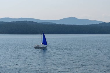GULF Adaları, Kanada - 09 Ağustos 2024: Bulutlu bir yaz gününde Gürcistan Boğazı 'nda mavi yelkenli