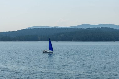 GULF Adaları, Kanada - 09 Ağustos 2024: Bulutlu bir yaz gününde Gürcistan Boğazı 'nda mavi yelkenli