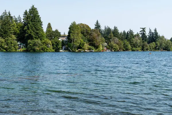 LANGFORD, CANADA - 10 Ağustos 2024 Floransa Gölü ve yeşil ağaçlı mavi gökyüzü