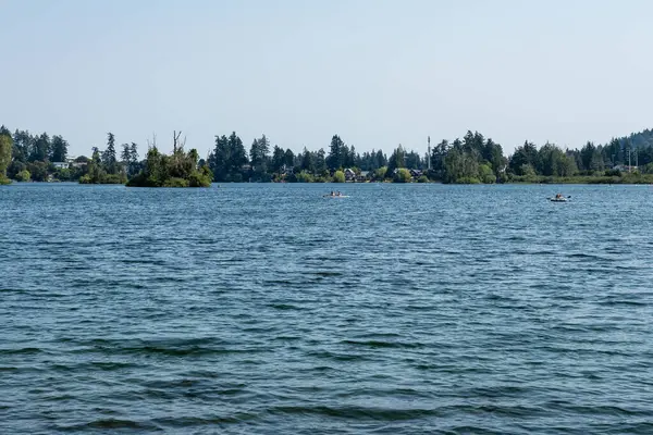 LANGFORD, CANADA - 10 Ağustos 2024 Floransa Gölü ve yeşil ağaçlı mavi gökyüzü
