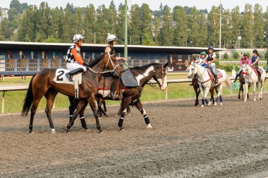 VANCOUVER, BC, CANADA - EYLÜL 07, 2024: Yarıştan önce şehir hipodrom jokey ve at gösterisi