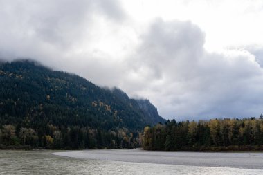 Fraser nehri ve dağları ve bulutları olan ormanın güzel sonbahar manzarası. Manzaralı kırsal alan. Sonbahar doğası