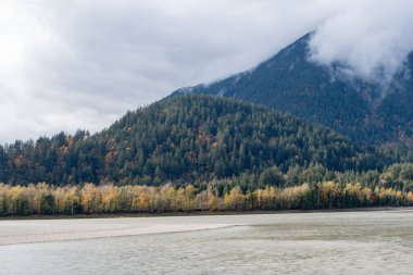 Fraser nehri ve dağları ve bulutları olan ormanın güzel sonbahar manzarası. Manzaralı kırsal alan. Sonbahar doğası