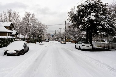 VANCOUVER, CANADA - Şubat 02, 2025: Kış sokak manzarası, evler ve kar