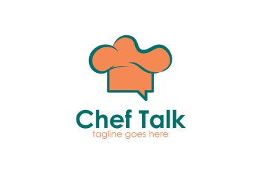 Chef Talk Logo Design Template with hat chef icon and chat box. Perfect for business, company, restaurant, mobile, app, etc