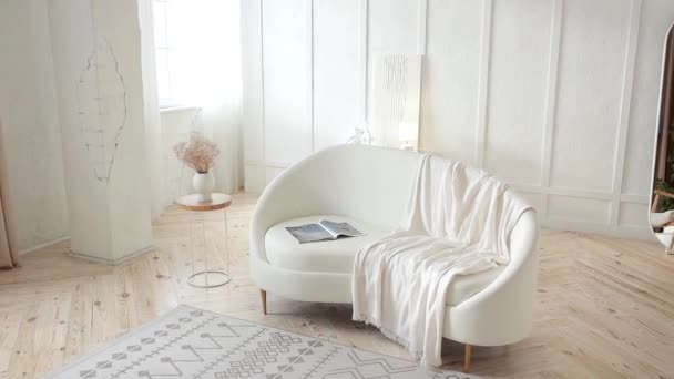 Stylish Light Living Room White Oval Leather Sofa Minimalistic Spacious — Wideo stockowe