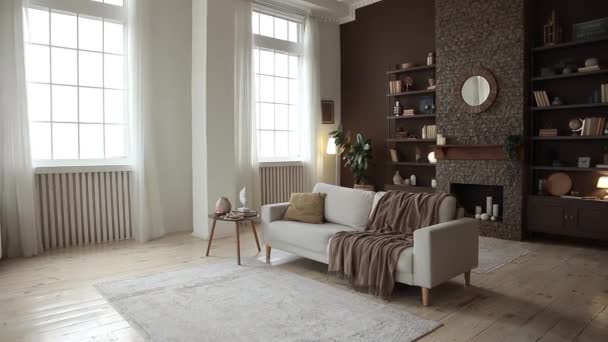 Modern Stylish Spacious Living Room Beige Sofa Background Large Windows — 비디오
