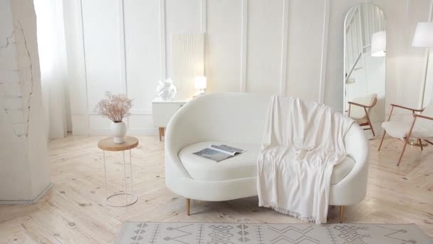 Stylish Light Living Room White Oval Leather Sofa Minimalistic Spacious — Video Stock