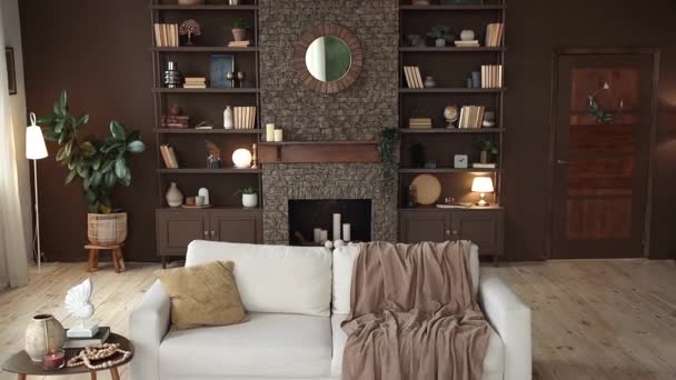 Modern Stylish Living Room Large Windows Beige Sofa Background Brown — 비디오