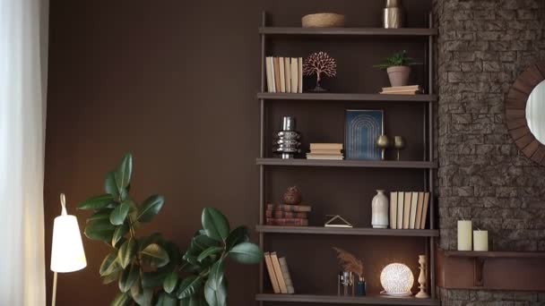 Brown Shelving Books Decor Brick Fireplace Potted Plants Modern Stylish — 비디오
