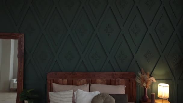 Cozy Bedroom Interior Boho Style Green Walls Wooden Furniture Craft — Stock video