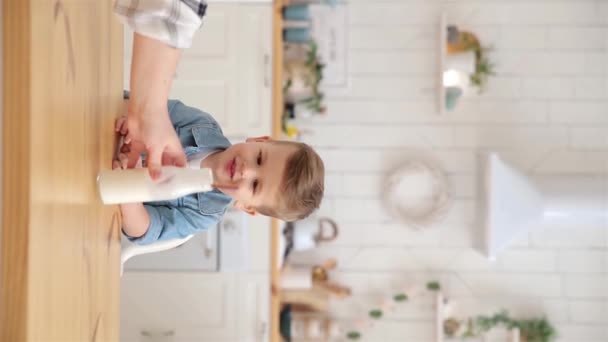 Adorable Child Drinks Milk Yogurt Ecological Straw Vertical Video Concept — Video