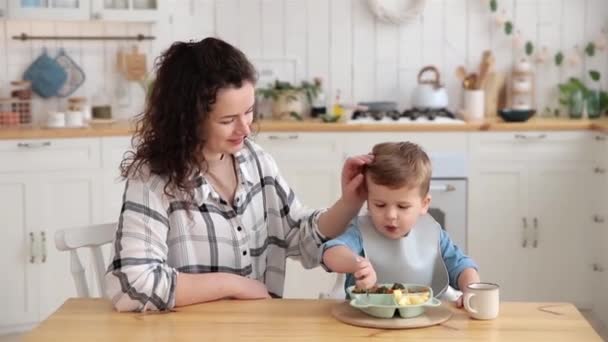 Młoda Kobieta Patrzy Rozkoszą Jak Jej Syn Uczy Się Jeść — Wideo stockowe