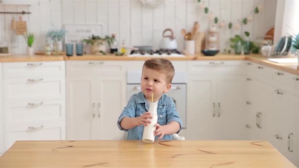 Adorable Toddler Boy Drinks Milk Yogurt Ecological Straw Concept Conscious — Wideo stockowe