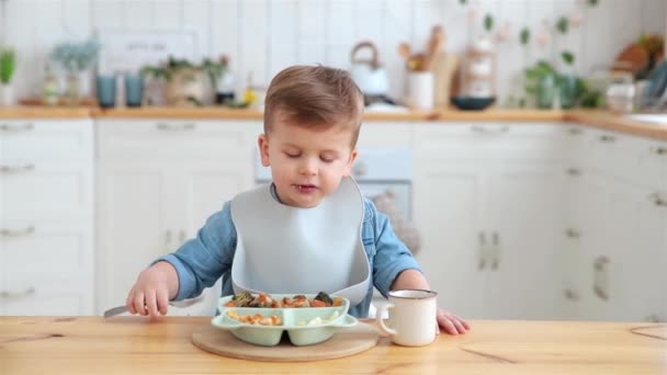 可爱的高加索幼儿用叉子自己吃蔬菜 自我喂养的概念 Blw 孩子们在舒适的厨房里坐在高椅子上吃着健康的蔬菜和肉 复制空间 — 图库视频影像