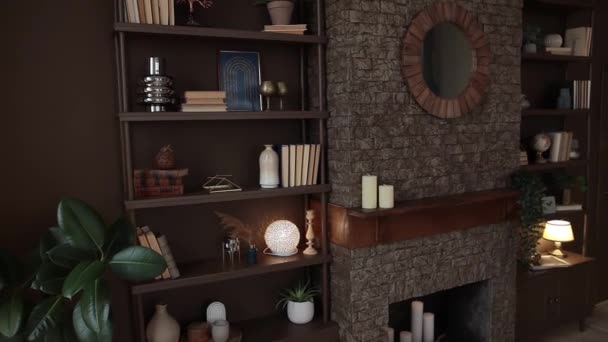 Brown Bookshelf Books Decor Brick Fireplace Candles Mirror Modern Stylish — Stock videók