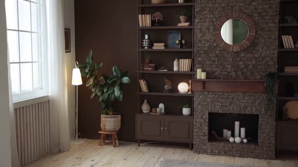 Brown Rack Books Decor Brick Fireplace Candles Mirror Modern Stylish — Stok Video