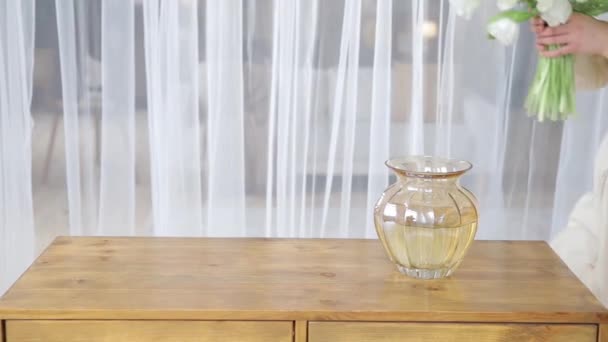 Невпізнавана Жінка Кладе Букет Свіжих Білих Тюльпанів Красиву Стильну Вазу — стокове відео