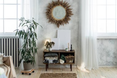 Ana odak noktası güneş kremi aynalı şık bir oda. Aynanın altında, içinde battaniye ve dekorasyon malzemeleri olan ahşap bir dolap var. Saksı bitkisi ve katıksız perdeler dingin ortamı güçlendirir..