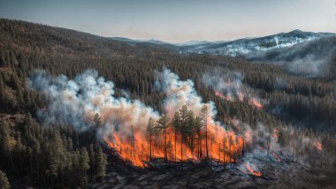 Yoğun bir orman yangınının hava görüntüsü. Vahşi bir yangında yanmış çam ormanı. Yoğun duman. Tepeler, dağlar, mavi gökyüzü. İklim değişikliği ya da ormansızlaşmadan kaynaklanan sıcak hava dalgası ve kuraklıktan kaynaklanıyor. Resim yapay zeka kullanılarak oluşturulur.
