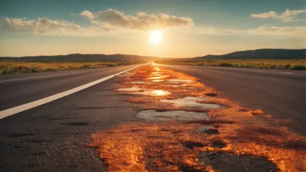 Verlaten Gloeiende Asfaltweg Woestijn Bij Zonsondergang Brandend Asfalt Olie Gas — Stockfoto