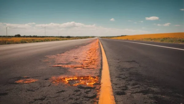 Burning Asphalt Road Middle Field Yellow Line Fire Highway Blue — Stock Photo, Image