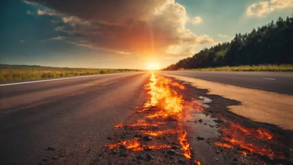 画像はAiを使用して生成されます アスファルト 燃料を道路で燃やしています 美しい夕日 曇った空で高速道路で火災 化石燃料産業による気候変動の大惨事に近づくコンセプト — ストック写真