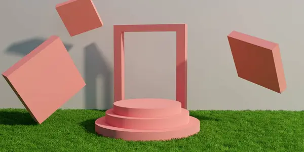 Platform 'un Pink Pedestal' i. Çimen yüzeyinde modern stand podyumu var. Boş sergi sahne arkası ya da boş ürün rafı. 3B görüntüleme