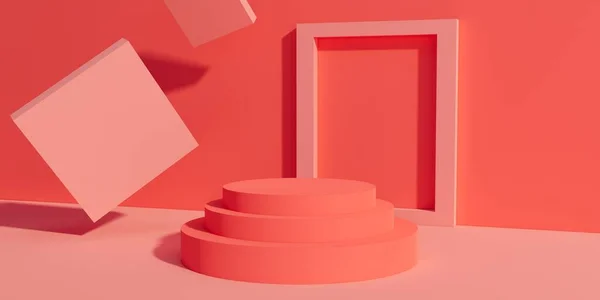 Pembe minimalist podyum arkaplanı ve modern podyum platformunun 3d kopyası. stand show kozmetik ürünü. resimleme
