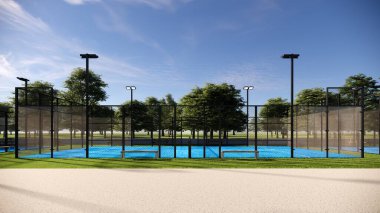 Boş Padel paddle tenis sahasının yan görünümü Cam yapıya sahip mavi renk sahası